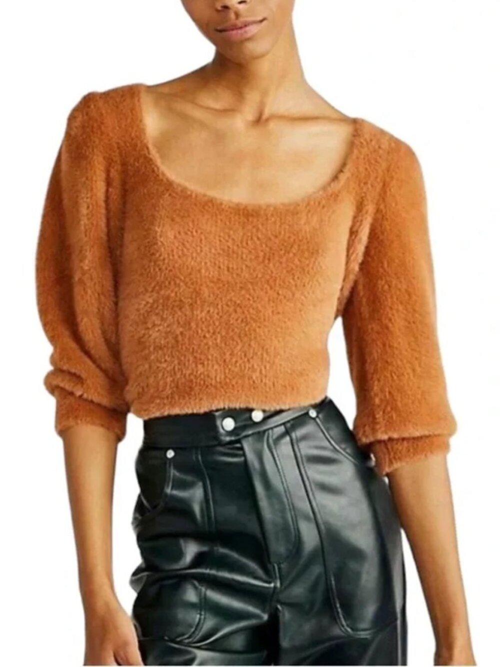 Free People Soft Fuzzy Moonbeam Pullover Sweater L Square Neck Camel Brown $98